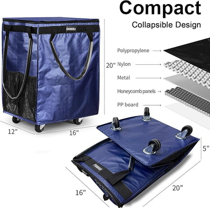 (Medium, Navy) Reusable Grocery Bag on Wheels, 70L Foldable Rolling Tote, Carries Up to 66 lbs Shopping Trolley, Zipper Clouser Shopping Carts for Trips, Laundry, 4 Heavy Duty Wheels and 3 Handles | Bag on Wheels, Foldable
