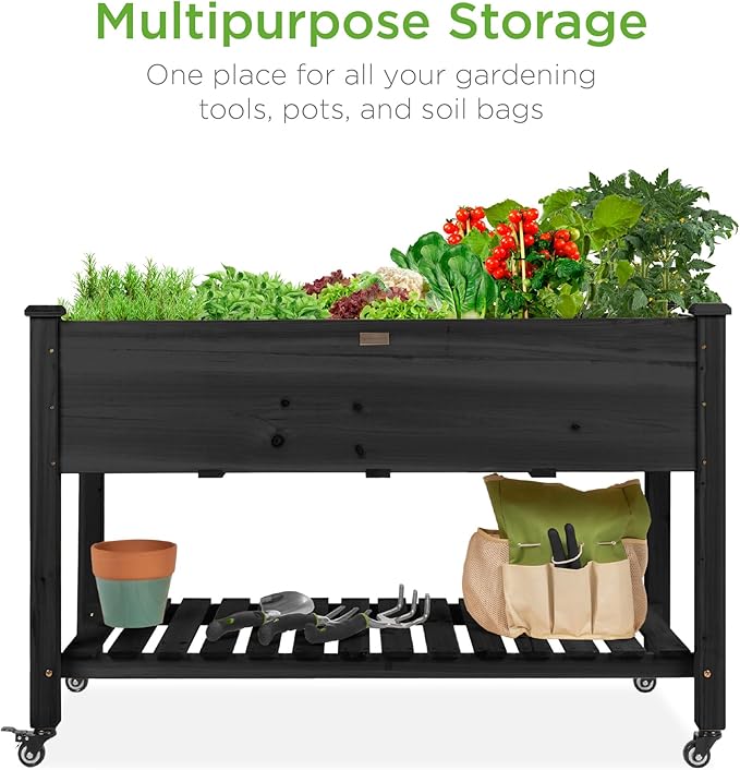 Best Choice Products Raised Garden Bed 48x24x32-inch Mobile Elevated Wood Planter w/Lockable Wheels, Storage Shelf, Protective Liner - Black