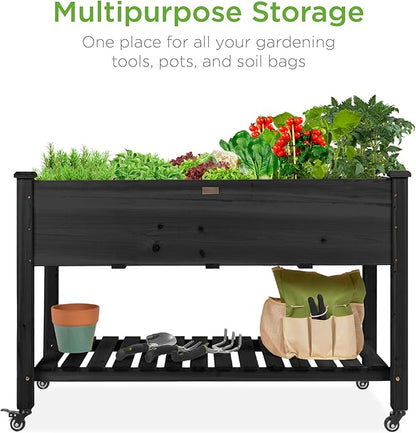 Best Choice Products Raised Garden Bed 48x24x32-inch Mobile Elevated Wood Planter w/Lockable Wheels, Storage Shelf, Protective Liner - Black