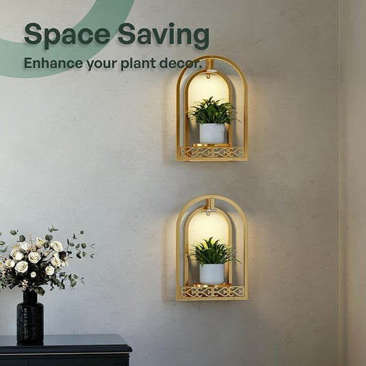 LED Grow Light Wall Hanging Planters with USB Power, Remote Control, Modern Decor for Indoor/Outdoor Plants, Living Room, Garden, Patio 2 Pack Gold