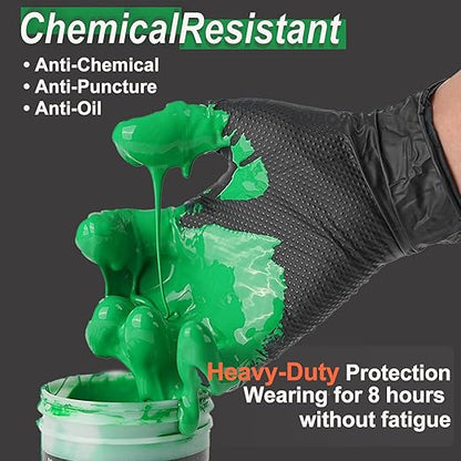 10mil Heavy Duty Nitrile Gloves Large Black Disposable Rubber Gloves with Diamond Grip Anti Chemical Puncture Resistant Mechanics Guantes for Men/Auto repair/Cooking/Food Grade-Latex Free-100