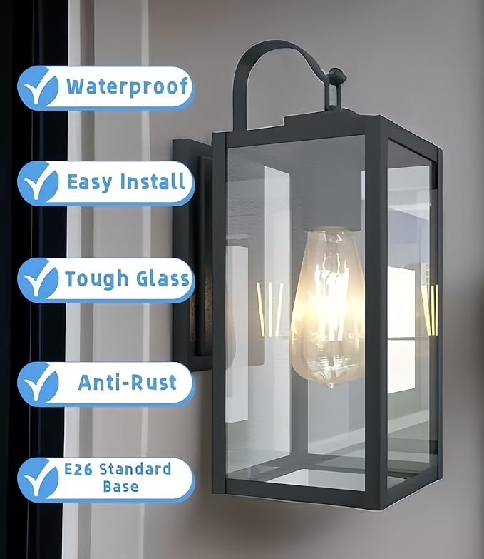 WISBEAM Black 13.7in Outdoor Wall Lantern for House, Black Outdoor Porch Sconce Light Fixture, E26 Base 60W Max, Metal Housing Plus Glass, ETL Qualified, Bulbs not Included