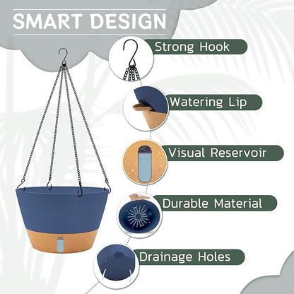 ZMTECH 12 Inch Hanging Planters for Indoor Plants, 1 Pack Self Watering Hanging Planter with Visual Reservoir, Hanging Pots for Plants Outdoor with Drainage Hole and Plant Hanger(1 Pack, Blue)