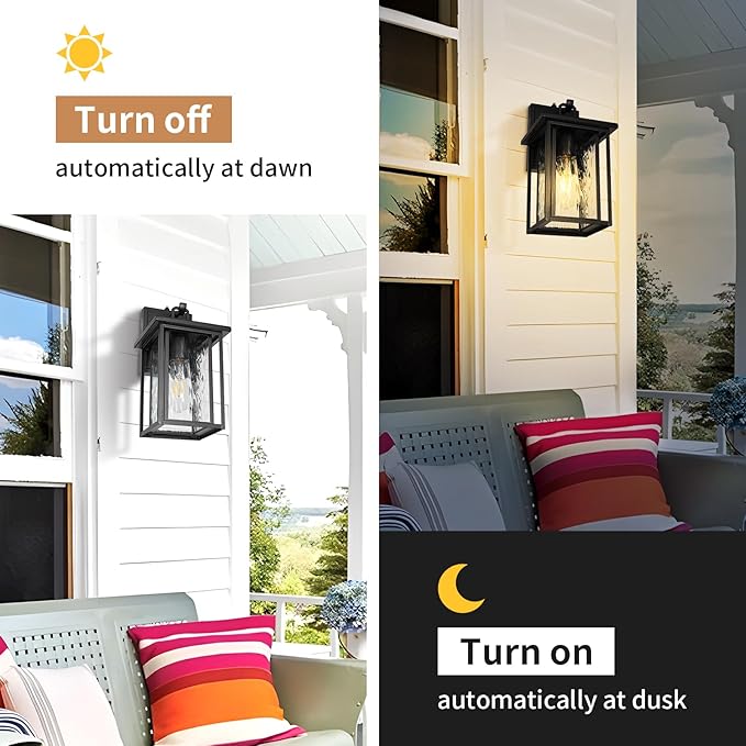 JYZ Dusk to Dawn Outdoor Wall Sconce, 15 Inch Exterior Wall Mount Lantern with Aluminum Frame, Weatherproof Black Porch Light Fixture for Front Door, Garage, Patio, Backyard, Garden JYOWL05-L