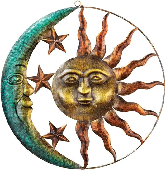 Collections Etc Artistic Sun and Moon Metal Wall Art for Indoors or Outdoors with Rustic Finish, Brown