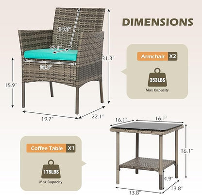 FDW 3 Piece Outdoor Furniture Set Patio Gray Wicker Chairs Furniture Bistro Conversation Set 2 Rattan Chairs with Blue Cushions and Glass Coffee Table for Porch Lawn Garden Balcony Backyard