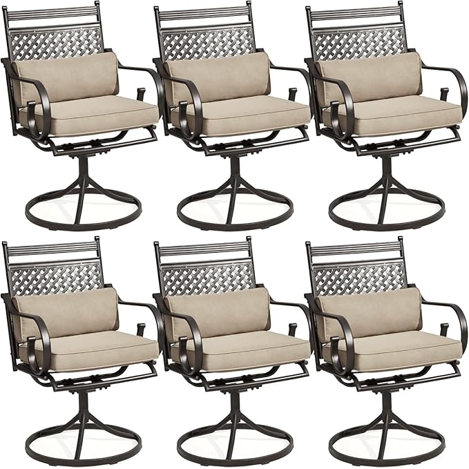 MELLCOM Patio Swivel Chair Set of 6, Heavy Duty Outdoor Dining Chairs with Cushions and Lumbar Pillows, Metal Patio Chairs Gentle Rocker for Outside, Garden Lawn & Porch, Backyard, Khaki