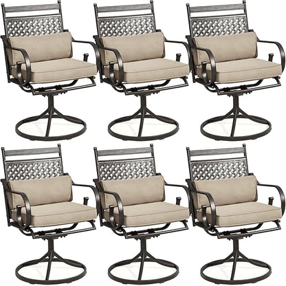 MELLCOM Patio Swivel Chair Set of 6, Heavy Duty Outdoor Dining Chairs with Cushions and Lumbar Pillows, Metal Patio Chairs Gentle Rocker for Outside, Garden Lawn & Porch, Backyard, Khaki