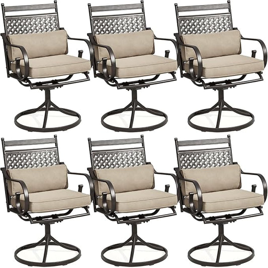 MELLCOM Patio Swivel Chair Set of 6, Heavy Duty Outdoor Dining Chairs with Cushions and Lumbar Pillows, Metal Patio Chairs Gentle Rocker for Outside, Garden Lawn & Porch, Backyard, Khaki