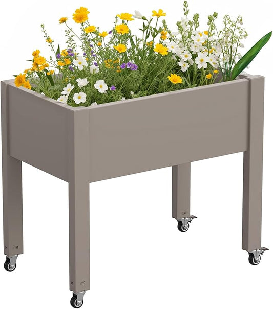 Raised Garden Bed with Wheels - Outdoor Mobile Elevated Resin Planter Box with Drainage Holes for Vegetables Flower Herbs (1 Pack, Gray)