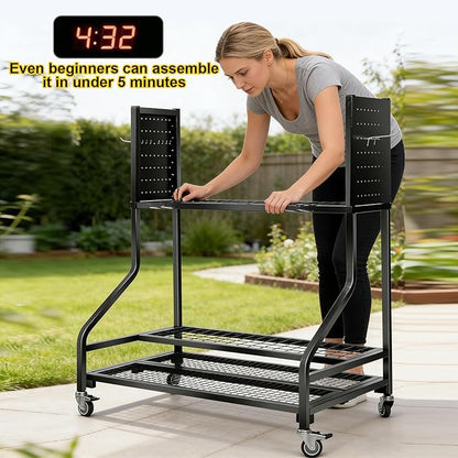 KYLIN Heavy Duty Garden Tool Organizer Rack on Wheels, 450 lbs Capacity with 4 Locking TPR Wheels, 55 lbs 0.059'' Steel Frame Mobile Garage Storage - No Nuts,No Bolts - Easy Assembly Utility Cart