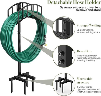 Winpull Garden Hose Holder Detachable Heavy Duty Metal Water Hose Hanger, Freestanding Hose Storage Stand Rack for Outside (Black)