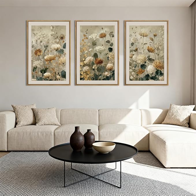Anyzal Large Neutral Wildflower Farmhouse Framed Wall Art 16x24 Inch Vintage Floral Canvas Wall Decor Olive Botanical Art Prints for Living Room Bedroom Dining room