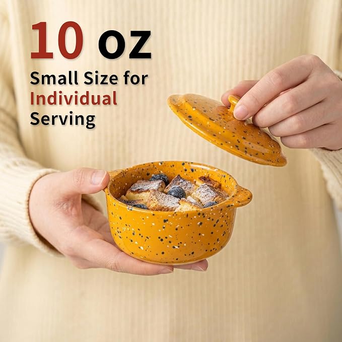 Stoneware Baking Ramekins Set of 4-10 Oz Mini Cocotte with Handles & Lids - Perfect for Oven Baking Souffle, Soup, Cobbler, Individual Serving Casserole Dishes, Orange
