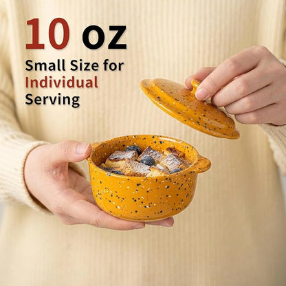 Stoneware Baking Ramekins Set of 4-10 Oz Mini Cocotte with Handles & Lids - Perfect for Oven Baking Souffle, Soup, Cobbler, Individual Serving Casserole Dishes, Orange