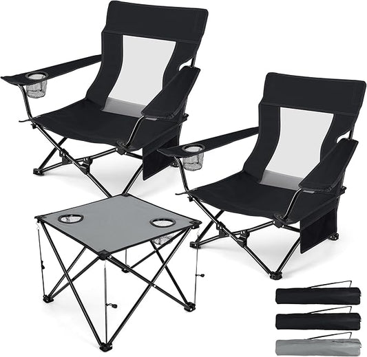 HaSteeL Folding Beach Chair Set of 3, Foldable Black Camping Chairs & Grey Table for Outside, Low Beach Chair Portable for Adults Fishing, Picnic, Outdoor BBQ, Cup Holder & Storage Bag