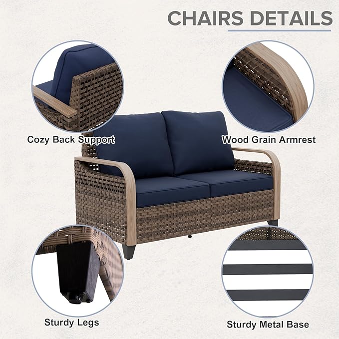 COOS BAY Modern Wicker Outdoor Furniture Set, Patio Conversation Set with Swivel Rockers, Patio Chairs, 3 Seat Couch, Loveseat, Coffee Table and Side Table, 8 Piece, Brown/Blue