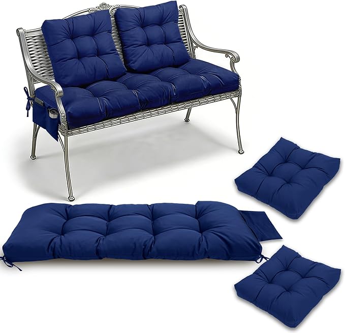 3 Pcs Wicker Chair Cushions Patio Loveseat Chaise Cushion Set - 1200D 47x19*4 Inch Waterproof Wicker Bench Cushions with 2 19x19x4 Inch Chair Cushions for Garden Porch Wicker Patio Furniture(Navy)