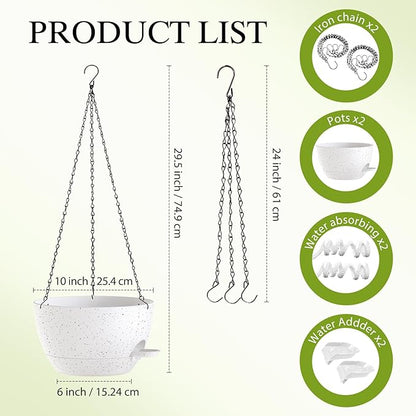 10 Inch Hanging Baskets 2 PC with Chains, Self-Watering Hanging Planters for Indoor Outdoor Plants, Plastic Hanging Flower Pots,Speckled White