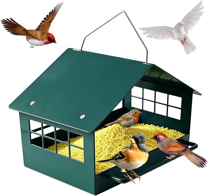 All-Metal Platform Bird Feeder for Outdoors, Dark Green Rustproof Hanging Bird Feeder with Double-Sided Long Perches, Weatherproof Wild Bird Feeder for Small Birds, Compact Garden Decor