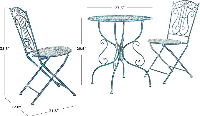 SAFAVIEH PAT5028C Outdoor Collection Semly Antique Blue 3-Piece Bistro Set