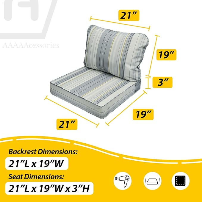 AAAAAcessories Outdoor Seat Cushions for Chairs, Fade-Resistant, Waterproof Patio Furniture Replacement Cushions, 21" x 19" x 3" + 21" x 19", Ash Blue Harbor Stripe