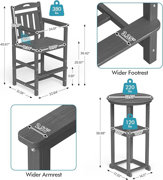 Ciokea Balcony Chairs and Table 3 Pieces Set, Outdoor High Top Bar Set, HDPE Oversized Adirondack Bar Chairs Set of 2 and Round Table for Outside Dining Bistro Poolside Backyard, Grey