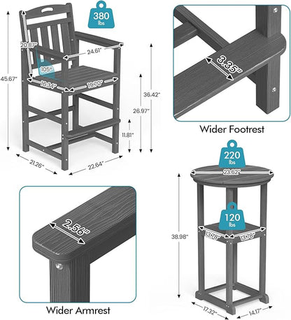 Ciokea Balcony Chairs and Table 3 Pieces Set, Outdoor High Top Bar Set, HDPE Oversized Adirondack Bar Chairs Set of 2 and Round Table for Outside Dining Bistro Poolside Backyard, Grey