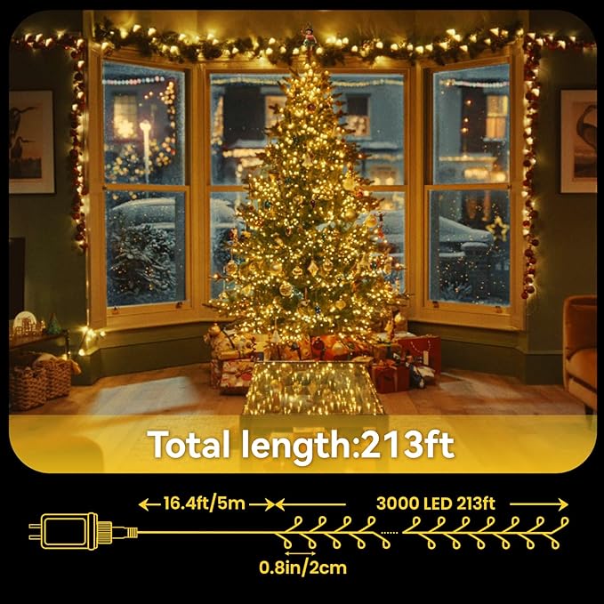 3000 LED Christmas Lights: Twinkle Lights for Christmas Tree - 214FT Fairy Light with Remote - Waterproof Warm White Light Plug in String Light for Bedroom Garland Party