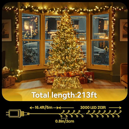 3000 LED Christmas Lights: Twinkle Lights for Christmas Tree - 214FT Fairy Light with Remote - Waterproof Warm White Light Plug in String Light for Bedroom Garland Party