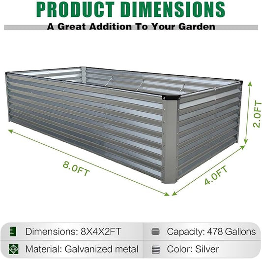 GrowHaus 8x4x2FT Galvanized Raised Garden Bed, Planter Boxes Outdoor Large Metal Garden Beds for Planting Vegetables Flowers Herbs Rectangle Silver