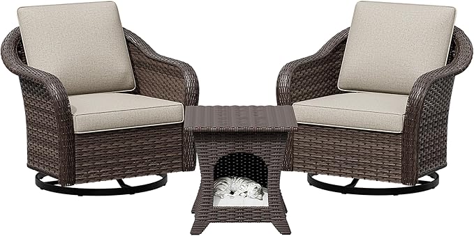 Outdoor Wicker 360 Degree Swivel Glider Rocker Chairs Set of 2 with Cat House Side Table, Patio Conversation Furniture Set with Washable Cushions for Garden, Poolside (Beige)