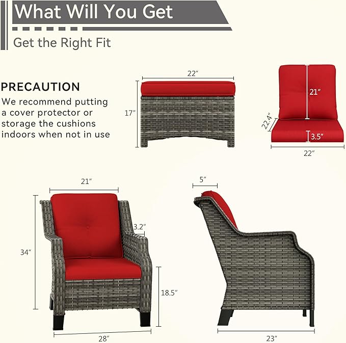 4 Piece Patio Furniture Set, 2 Chairs and 2 Ottomans PE Wicker Footstool, Outdoors Rattan Conversation Set with Deep Seating and Olefin Cushions, for Backyard, Garden, Red
