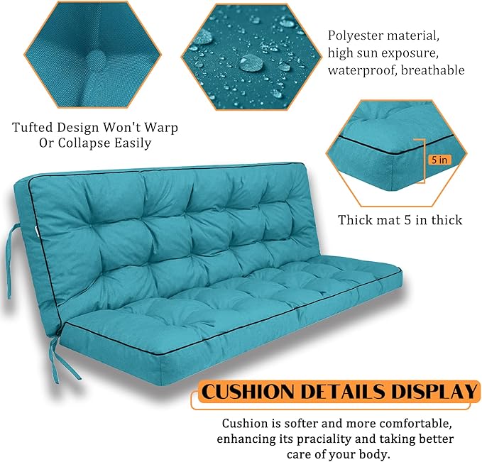 Swing Replacement Seat Cushions, 2-3 Seater Bench Cushions for Outdoor Furnitur with Backrest, Garden Recliner Seat Cushions Waterproof Sofa Pads (Lake Blue, 70.8x40in)
