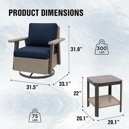 EAGLE PEAK Classic Wicker Patio Bistro Set of 3, Outdoor Patio Furniture with 360° Swivel Rocker Chair and Side Table, Lounge Set for Porch, Deck, or Balcony, Beige/Dark Blue