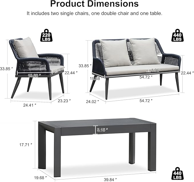 PURPLE LEAF 4-Piece Patio Conversation Set – Wicker Outdoor Furniture with Aluminum Table, 3 Rattan Chairs for 4 People, Thick Sofa Cushions, Ideal for Garden, Backyard, Lawn, or Poolside, Grey