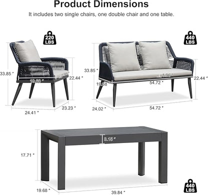 PURPLE LEAF 4-Piece Patio Conversation Set – Wicker Outdoor Furniture with Aluminum Table, 3 Rattan Chairs for 4 People, Thick Sofa Cushions, Ideal for Garden, Backyard, Lawn, or Poolside, Grey