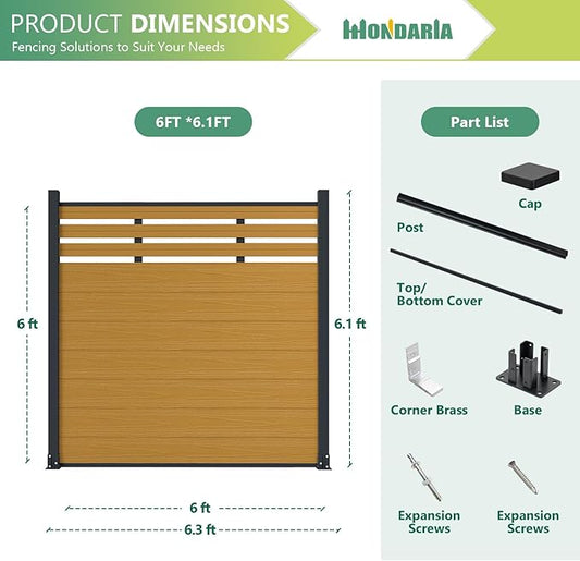 Mondaria Semi-Closed Privacy Fence Panels with 2 Posts for Outside, 6ft(W) x 6ft(H), Wind Resistant Wood Plastic Composite Fencing Panels for Patio, Backyard, Garden and Pool, Yellow Teak