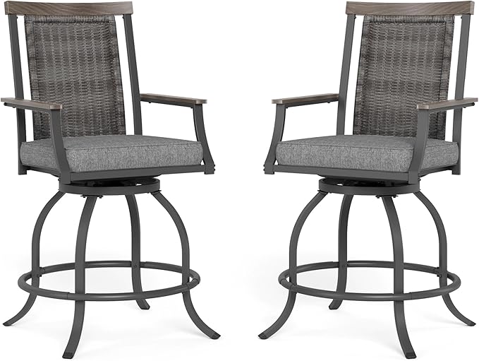 MFSTUDIO Outdoor Counter Height Bar Stool Set of 2, Swivel Rattan Backrest Metal Patio Bar Chair with Armrest and Cushion, All Weather Resistant Patio Chair, Grey