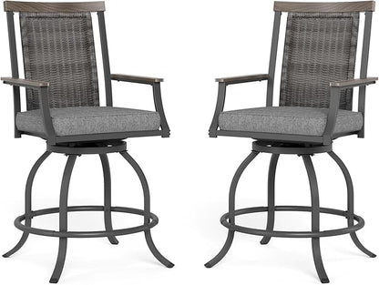 MFSTUDIO Outdoor Counter Height Bar Stool Set of 2, Swivel Rattan Backrest Metal Patio Bar Chair with Armrest and Cushion, All Weather Resistant Patio Chair, Grey