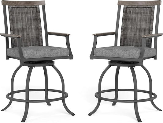 MFSTUDIO Outdoor Counter Height Bar Stool Set of 2, Swivel Rattan Backrest Metal Patio Bar Chair with Armrest and Cushion, All Weather Resistant Patio Chair, Grey