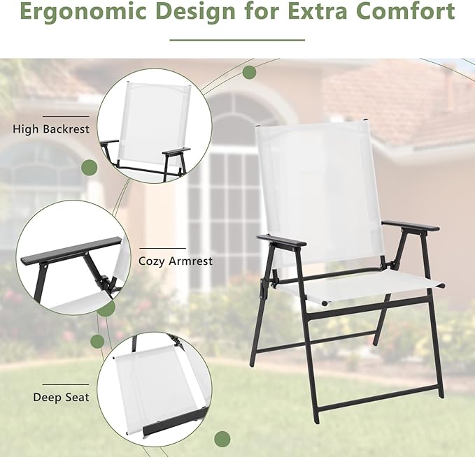 Giantex Patio Folding Chairs Set of 4, Outdoor Lawn Chairs with Rustproof Metal Frame, Portable Dining Chairs for Porch, Deck, Garden, Backyard, Camping, White