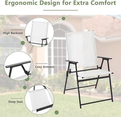 Giantex Patio Folding Chairs Set of 4, Outdoor Lawn Chairs with Rustproof Metal Frame, Portable Dining Chairs for Porch, Deck, Garden, Backyard, Camping, White