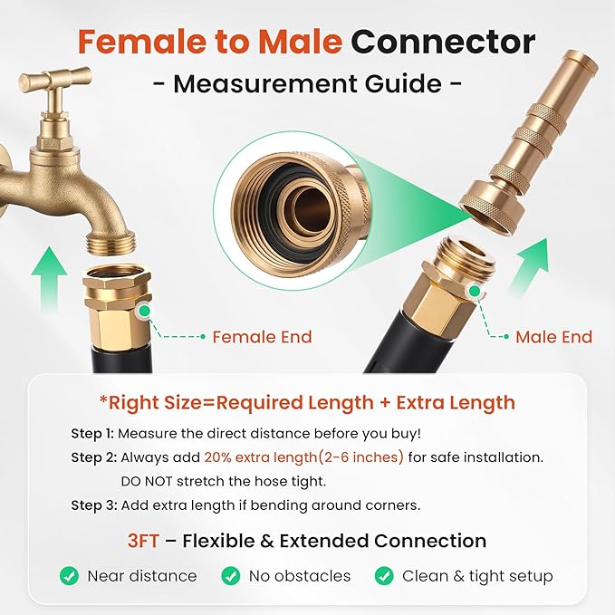 Cesun Short Garden Hose 3 feet, Metal Leader Water Hose, Heavy Duty and Lightweight Stainless Steel Water Pipe for RV, Outdoor, Yard, Lawn, 3ft x 5/8", Female to Male