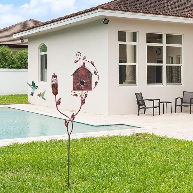 49" Bird Houses for Outside with Pole, Outdoor Metal Birdhouse with Mesh Feeder for Patio, Yard, Garden, Reddish Brown