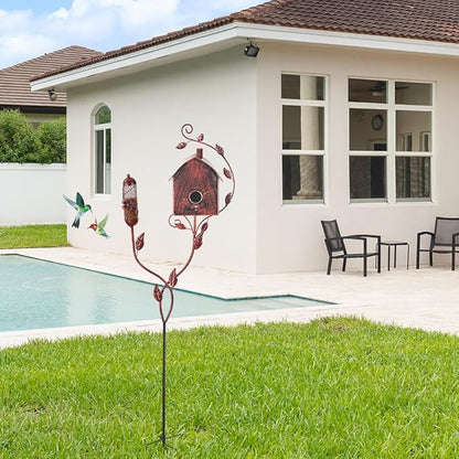 49" Bird Houses for Outside with Pole, Outdoor Metal Birdhouse with Mesh Feeder for Patio, Yard, Garden, Reddish Brown