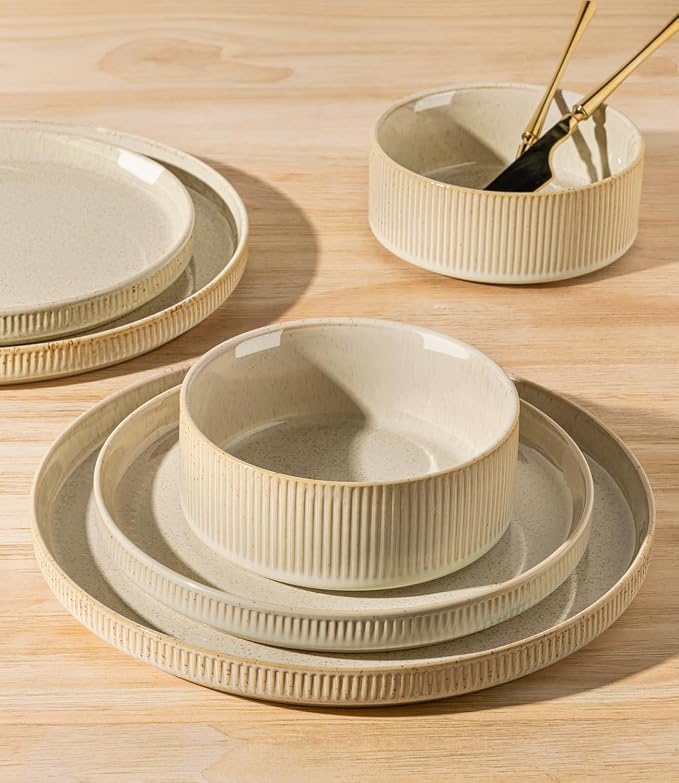 TheTerra Ceramic Dinnerware Set for 4, 12-Piece Plates and Bowls Set | Lightweight Porcelain Dish Set, Scratch Resistant, Oven & Microwave & Dishwasher Safe, Cappuccino