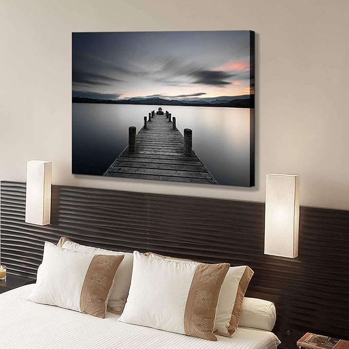 Pier Artwork Canvas Wall Art: Vintage Lake Dock Picture Painting Print for Living Room (45'' x 30'' x 1 Panel)