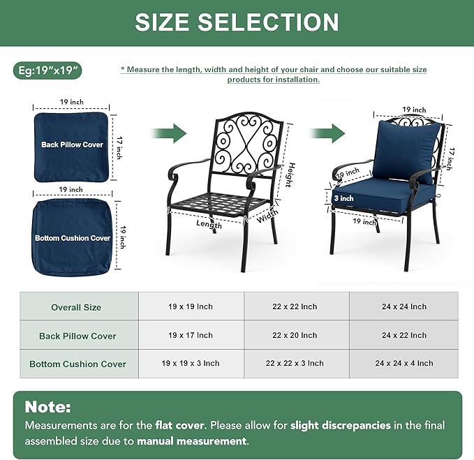 Summsun Outdoor Chair Cushions, Faux Linen Backrest and Deep Seat Cushion Set for Patio Furniture with Weather Resistant Removable Cover, Ties, Non-Slip Bottom, 24 x 24 Inch, Navy, Set of 2