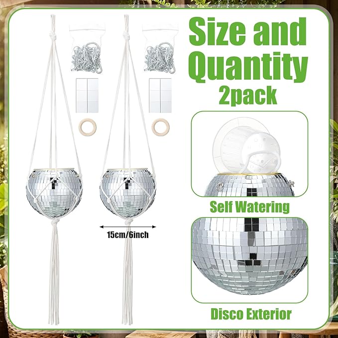 Novabright 2 Pcs 6" Self Watering Disco Ball Planters, Mirror Disco Ball Hanging Planter Flower Pots with Chain and Rope, Self Watering Insert, Wooden Hook for Stand for Desk and Extra Mirror Pieces
